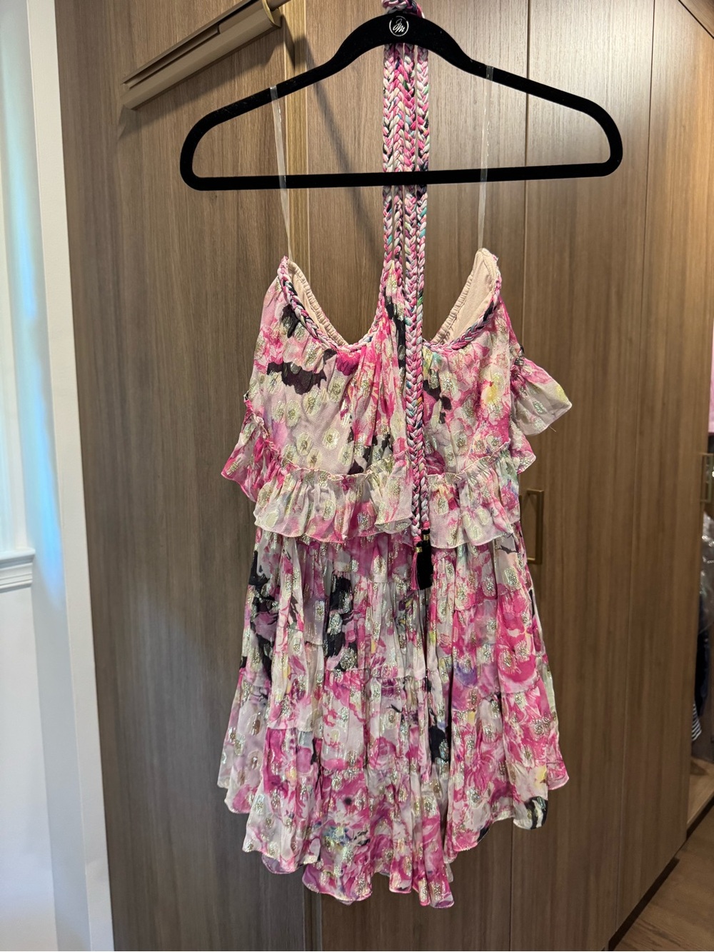 Floral Pink Ruffle Mini Dress with Braided Straps